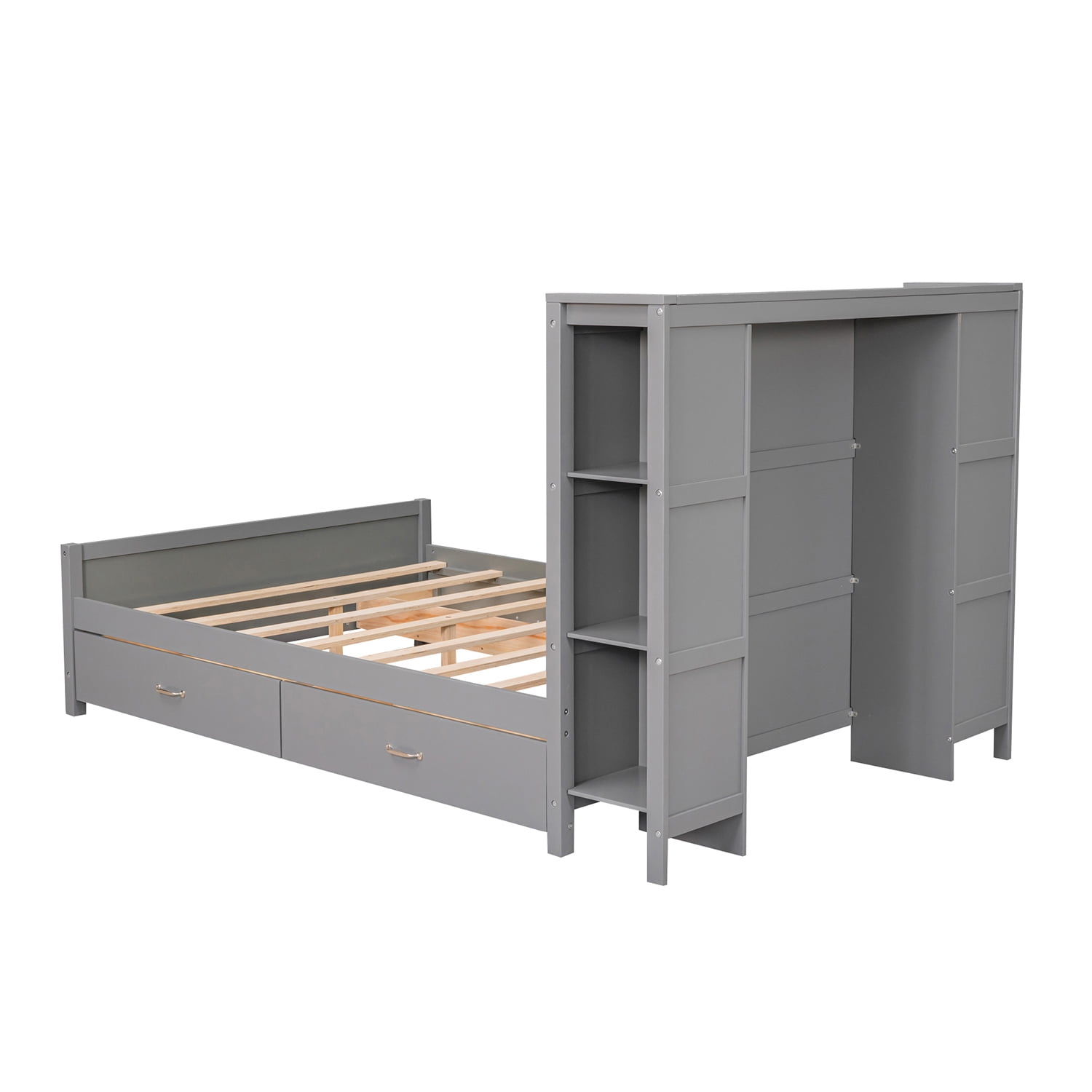 Kepooman Full Size Platform Bed Wood Bed Frame with Drawers and Storage Shelves, Grey Kepooman Full Size Platform Bed Wood Bed Frame with Drawers and Storage Shelves, Grey