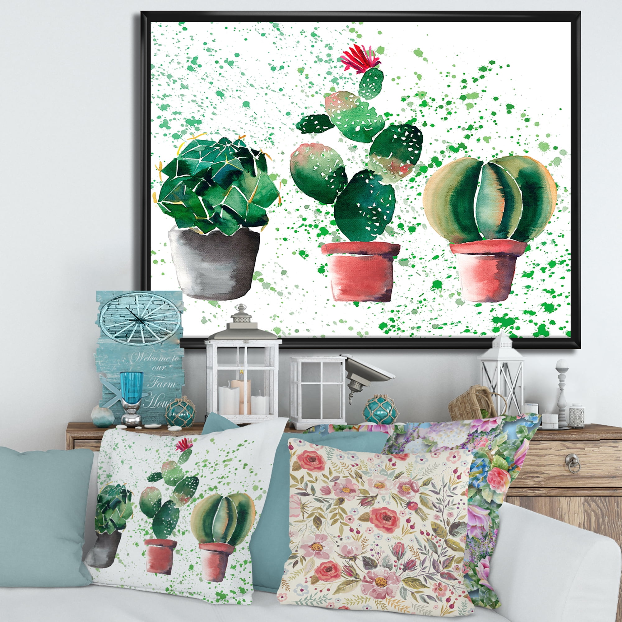 Designart 'Three Cacti In Clay Pots With Green Dots' Traditional Framed Canvas Wall Art Print