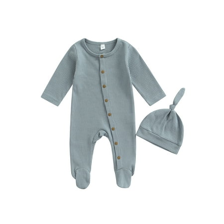 

2Pcs Infant Toddler Baby Boys s Girl s Romper Set Round Neck Long Sleeve Button-Down Ribbed Feet Wrap Jumpsuit + Hat