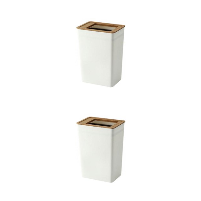 Kearding Cubo de basura de plástico con tapa de bambú, contenedor blanco de estilo nórdico, pequeña cesta de papel con cubo de basura de L 2Conjunto