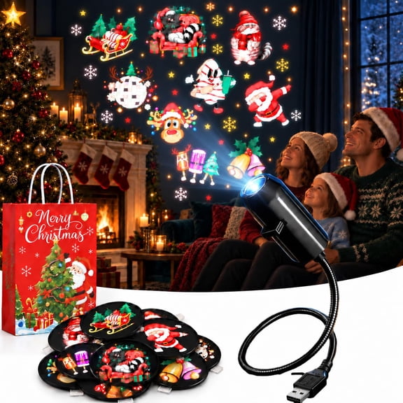 Plug and Play HD Christmas Projector, Christmas Projector with 6/10 Festive Discs with Flexible Gooseneck and Interchangeable Scenes for Bedroom, Living Room & Party Display