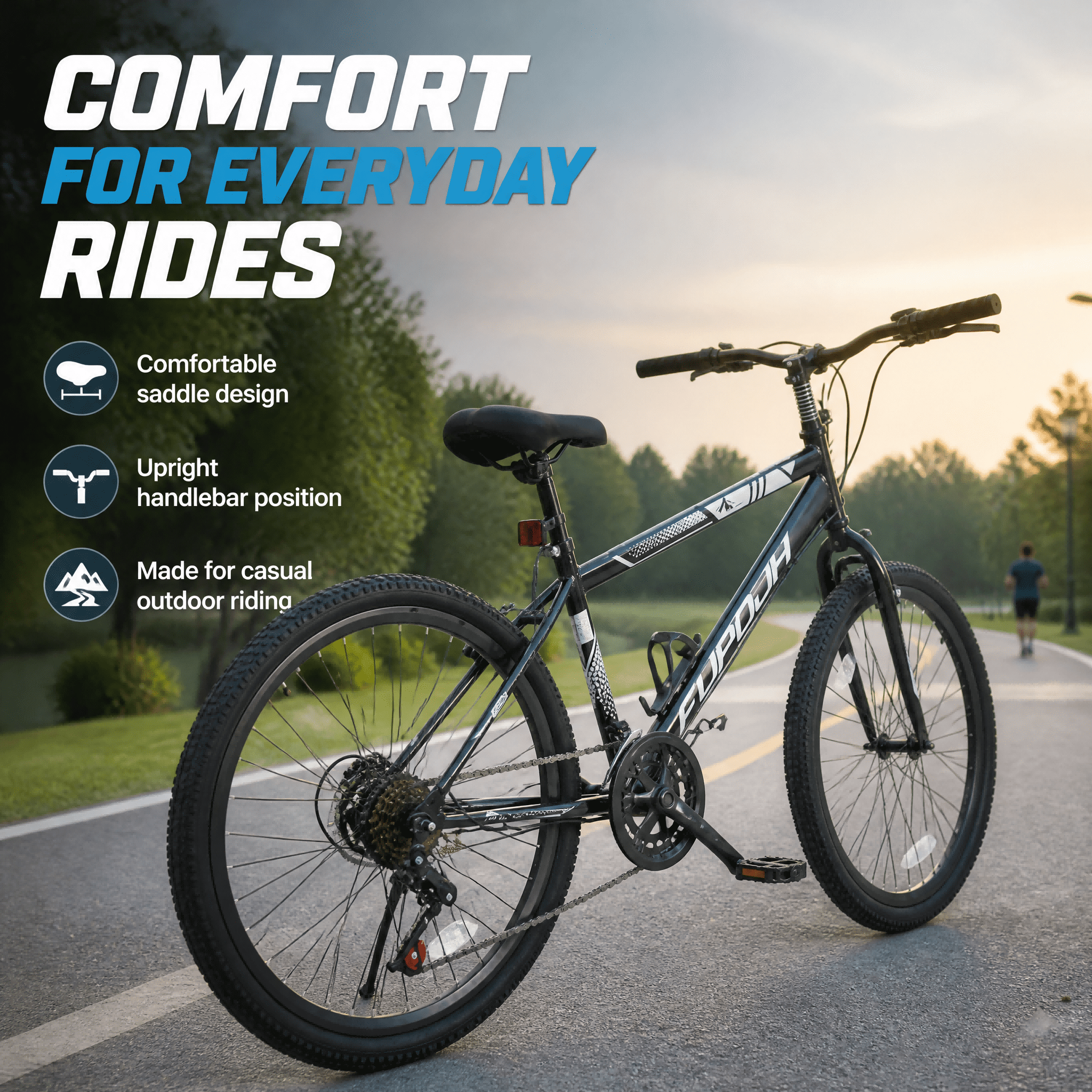 FUPOJH 24" Mountain Bikes for Men, Women & Boys, 7-Speed, V-Brakes, off-Road Tires,Black