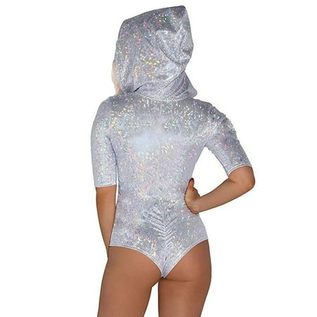 

Women s Rompers Hooded Bodysuit B Age Shiny Swimwear Romper White M