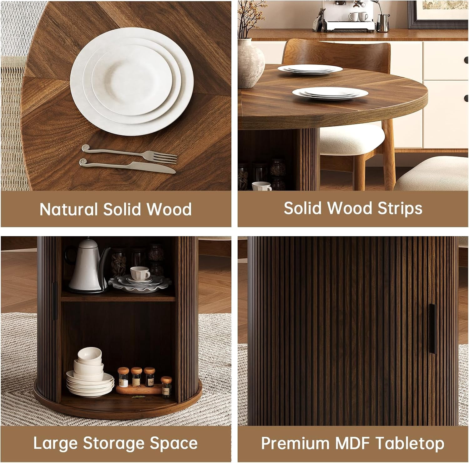 47 inch Round Dining Table for 4, Farmhouse Kitchen Table with 2-Layer Storage Shelf and Wood Slide Door Modern Dinner Table or Home Dining Room Living Room (Walnut)