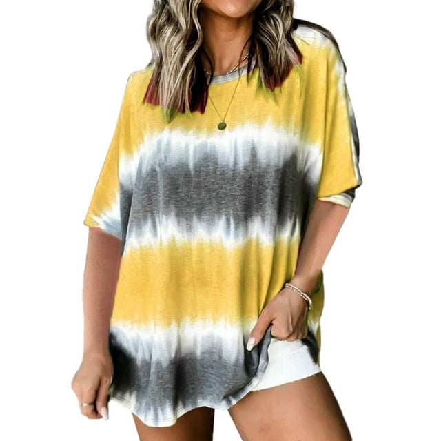 Avamo T-shirt Femme Col Rond T-shirt Manches Courtes Hauts d'Été Décontracté Pull-Over Tee de Travail Jaune TTG