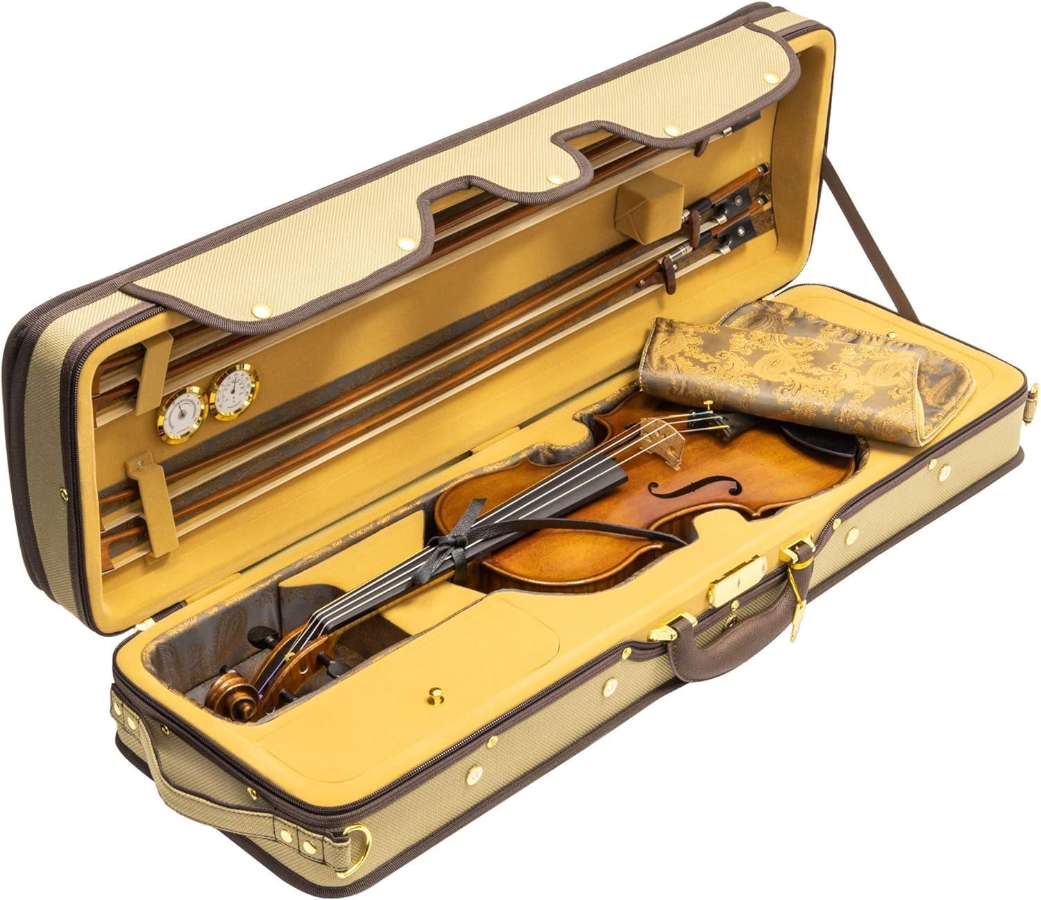 MI&VI NF-9001CC Maestro Hard-Shell Violin Case 4/4 (Full Size) Polishing Cloth Included | Luxury Silk Interior | High-Density | Adjustable Straps | Hygrometer | Thermometer (Beige)