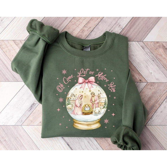 Let Us Adore Him Sweatshirt, Jesus Winter Coquette Bow Sweatshirt, Christian Winter Sweatshirt, Nativity Scene, Baby Jesus Sweater All Size S-5Xl