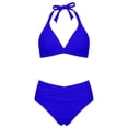 thumbnail image 4 of VNKIDY Womens Solid Halter Triangle Bikini Top Mid Waisted Cross Wrap Brief Bottom Two Piece Swimwear Set For Beach Days Pool Parties Summer Vacations Water Activities Trendy Swimwear, 4 of 5
