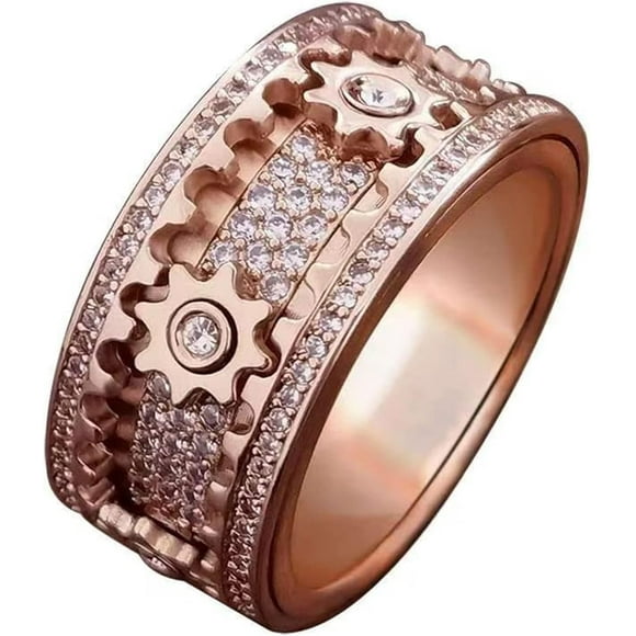 Handmade Diamond Ornate Geometric 3D Band Ring- Pure, Handmade Gear Spinning Starry Ring, Gear Spinner Rings Rotating Mechanical Decompression Anxiety Ring for Women Men Teens (Gold,#11)