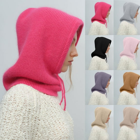 UTSJKR Women Winter Hat, Neck Warmers Hooded Scarf Beanie Hat Fashion Skull Cap Knitted Hat with Drawstring Gray