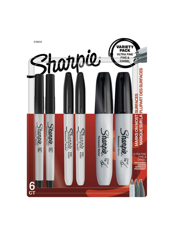 Sharpie Permanent Markers, Multi-Tip Pack, Fine/Ultra Fine/Chisel Tip, Black, 6 Count