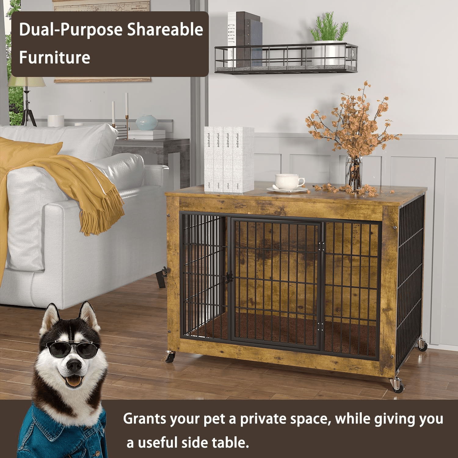Waleaf Dog Crate Furniture with Cushion, Double Doors Wooden Dog Kennel Indoor with Wheels