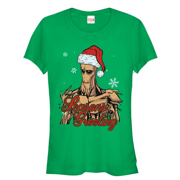 Junior's Marvel Christmas Guardians of the Galaxy Groot Seasons Graphic Tee Kelly Green Medium