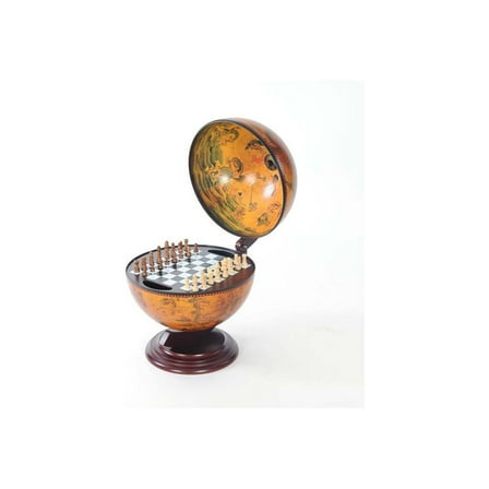 Antique Globe with Chess Set - Vintage World Map Decor, Desk Globe, Classic Interior Accent, 15"