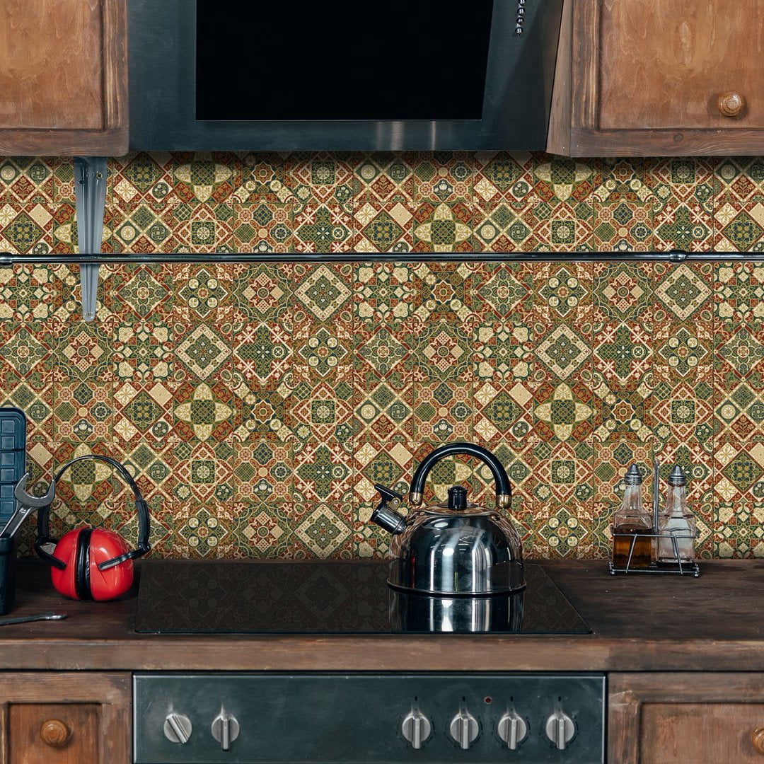 24 Sheets Peel and Stick Tile Sticker Backsplash 7.87" x 7.87" Green Red Flowers Pattern Wall Stickers Self Adhesive Waterproof Decals