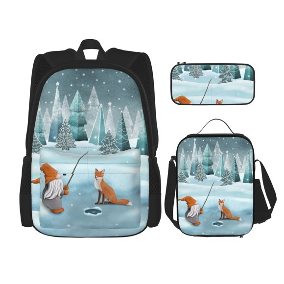 Lsque Gnome And Red Fox Fishing Pattern School Bag Set -Backpack with Pencil Case and Lunch Bag,3-in-1 School Bag,Kids Backpack Set for Boys and Girls