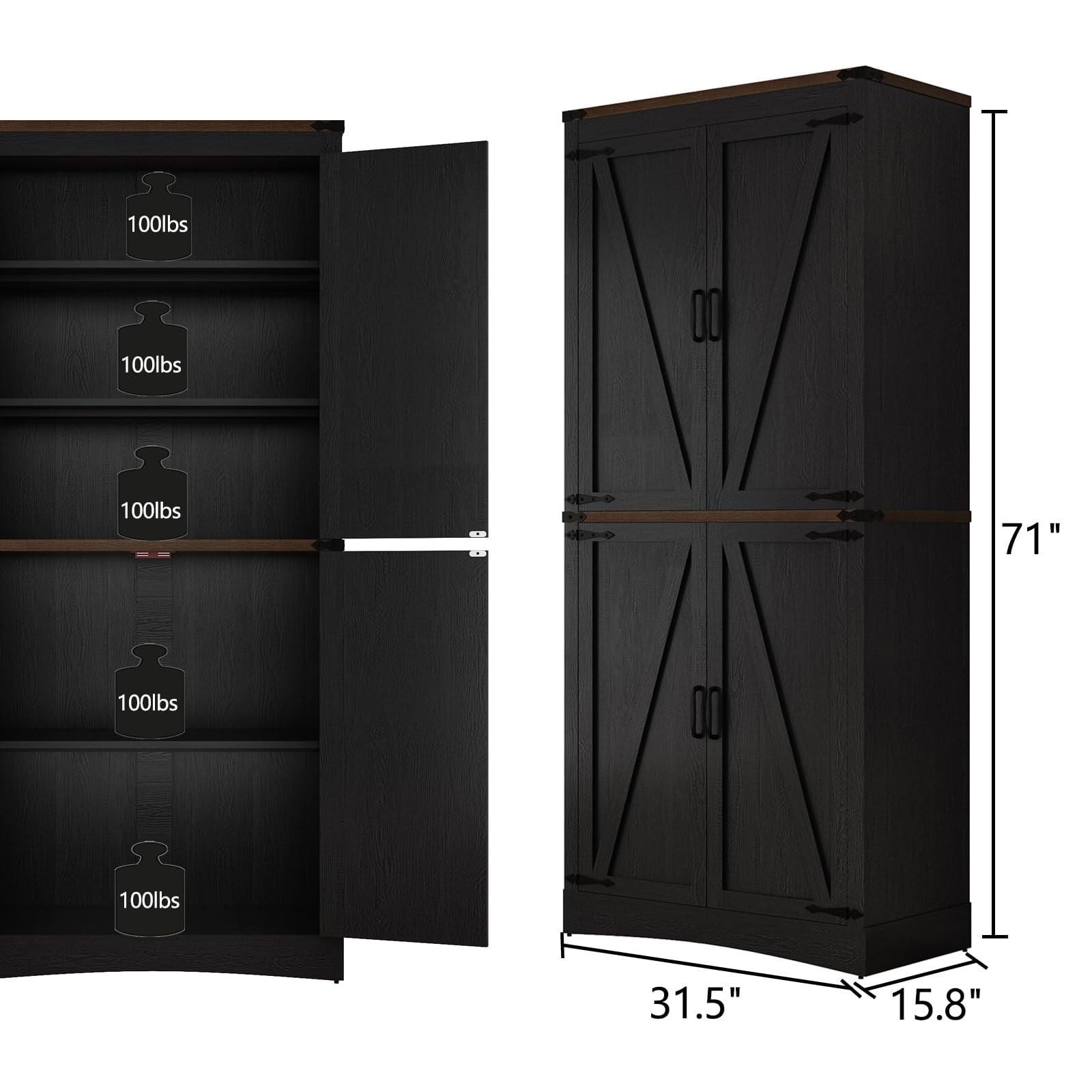 ChVans 71" Tall Farmhouse Kitchen Pantry Storage Cabinet, 5 Layers Freestanding Cupboard with Adjustable Shelves & Load-Bearing Steel Pipe & 4 Barn Doors for Kitchen, Dining Room, Living Room, Black