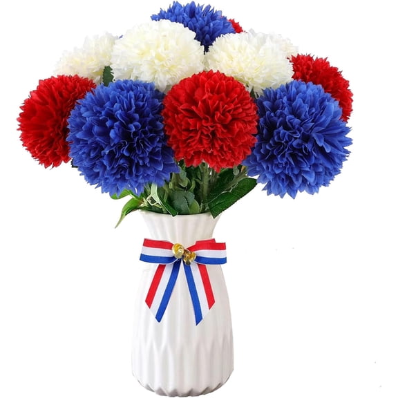 TETOU 12 Pcs Red White Blue Artificial Chrysanthemums Flowers Patriotic Flowers Decor,4th of July Fake Silk Mums Flowers for Home Indoor Patriotic Party Memorial Day Table Centerpiece Decorations