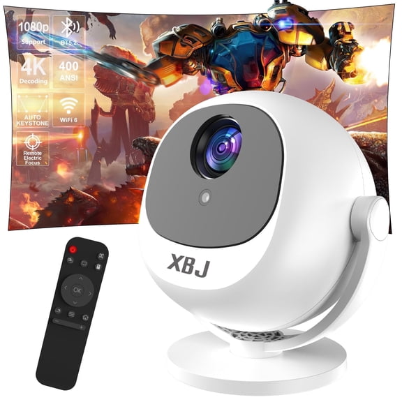 XBJ [Built-in Apps/Electric Focus/400 ANSI] 360 Mini Portable Projector, Wifi 6, Bluetooth, Smart Movie Projector for Bedroom, Support 4K Proyector Portátil, Auto Keystone, Compatible with TV Stick