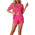 thumbnail image 1 of Pijamas de satén para mujer INSPIRE CHIC, conjuntos de dos piezas de manga corta con pantalones cortos, 2XL, rosa intenso, 1 of 6