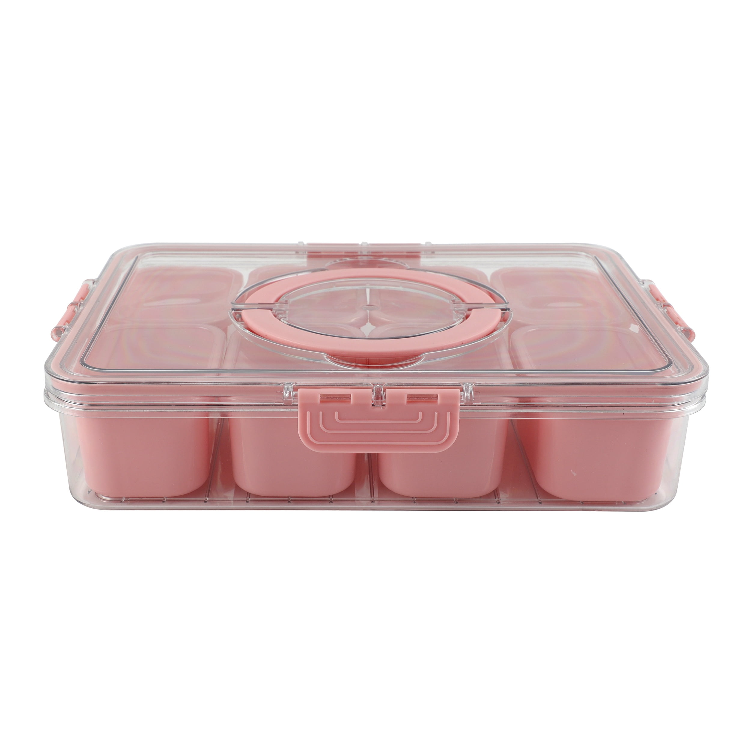 Cook With Color Pink 8 compartment snackle box, charcuterie container, divided serving tray with lid and handle.