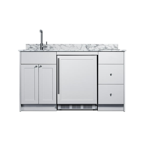 Turnkey Caldera Kitchen featuring pre-assembled cabinetry and countertop in white.