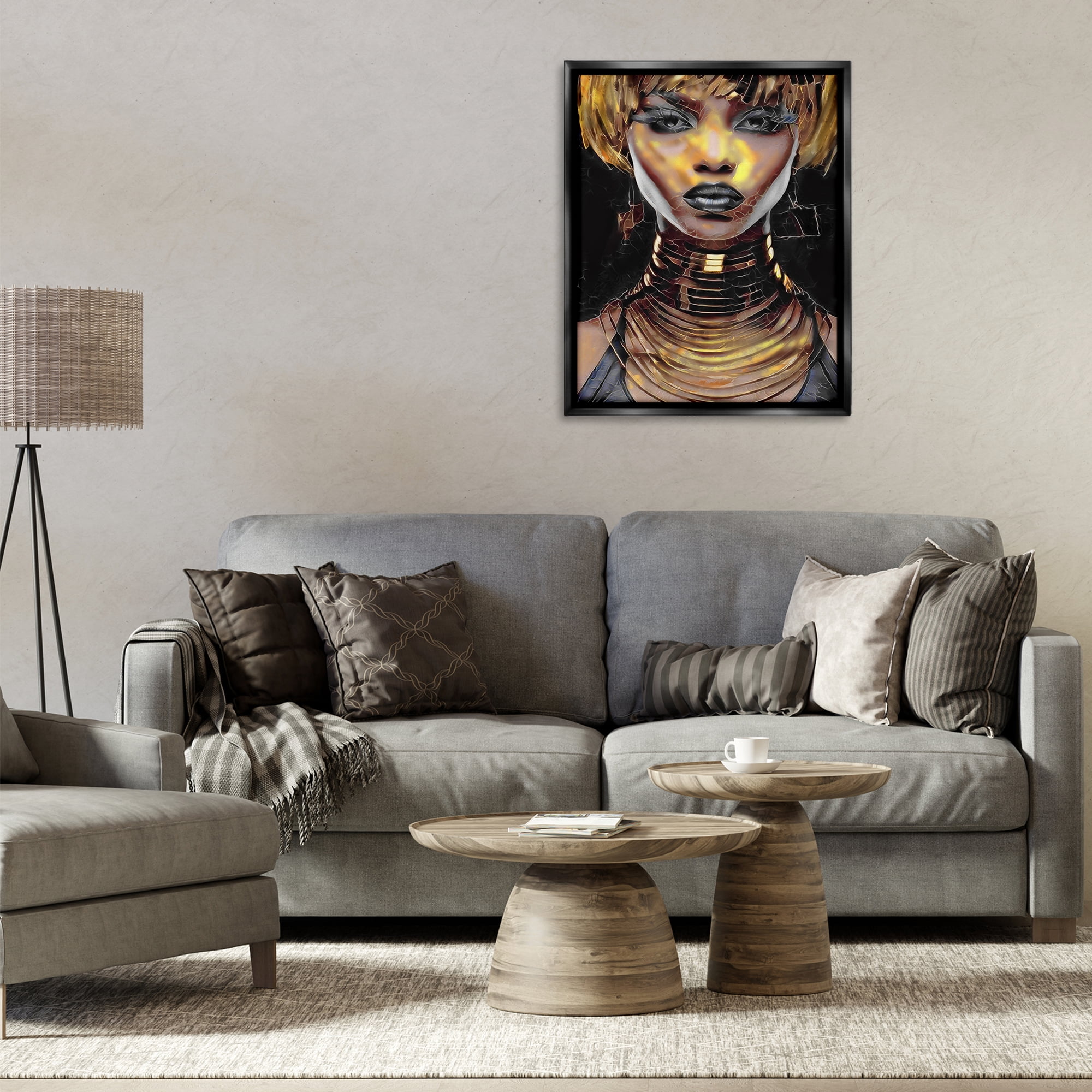 Stupell Industries Intense Glam Woman Portrait People Painting Black Floater Framed Canvas Art Print Wall Art, 25 x 31
