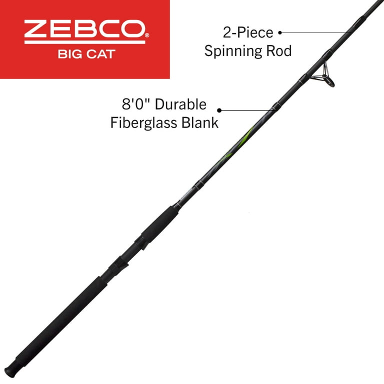 Zebco Big Cat Spinning Fishing Rod, 8-Foot 2-Piece Fiberglass Fishing Pole,  High-Visibility Rod Tip, Extended EVA Rod Handle, Shock-Ring Guides