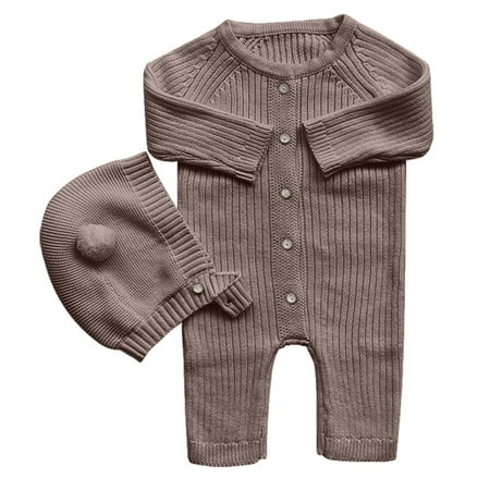 

Baby s autumn and winter sweater Long one-piece baby s knitting sweater Creeper with hat（brown） 66cm，G45655