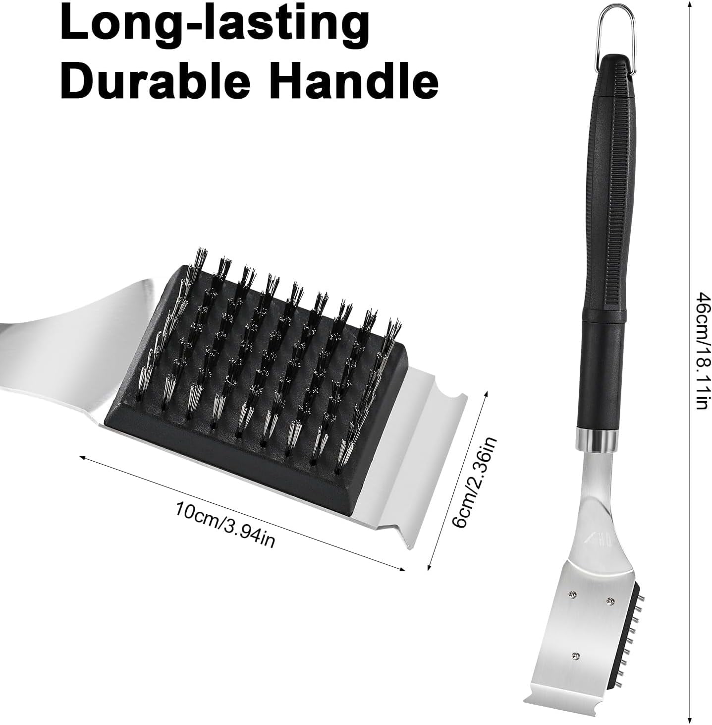 BBQ Grill Cleaning Brush with Scraper, 17'' Stainless Steel Grate Cleaner 2 Replaceable Bristles Heads, Safe Accessories for Charcoal & Electric Grills