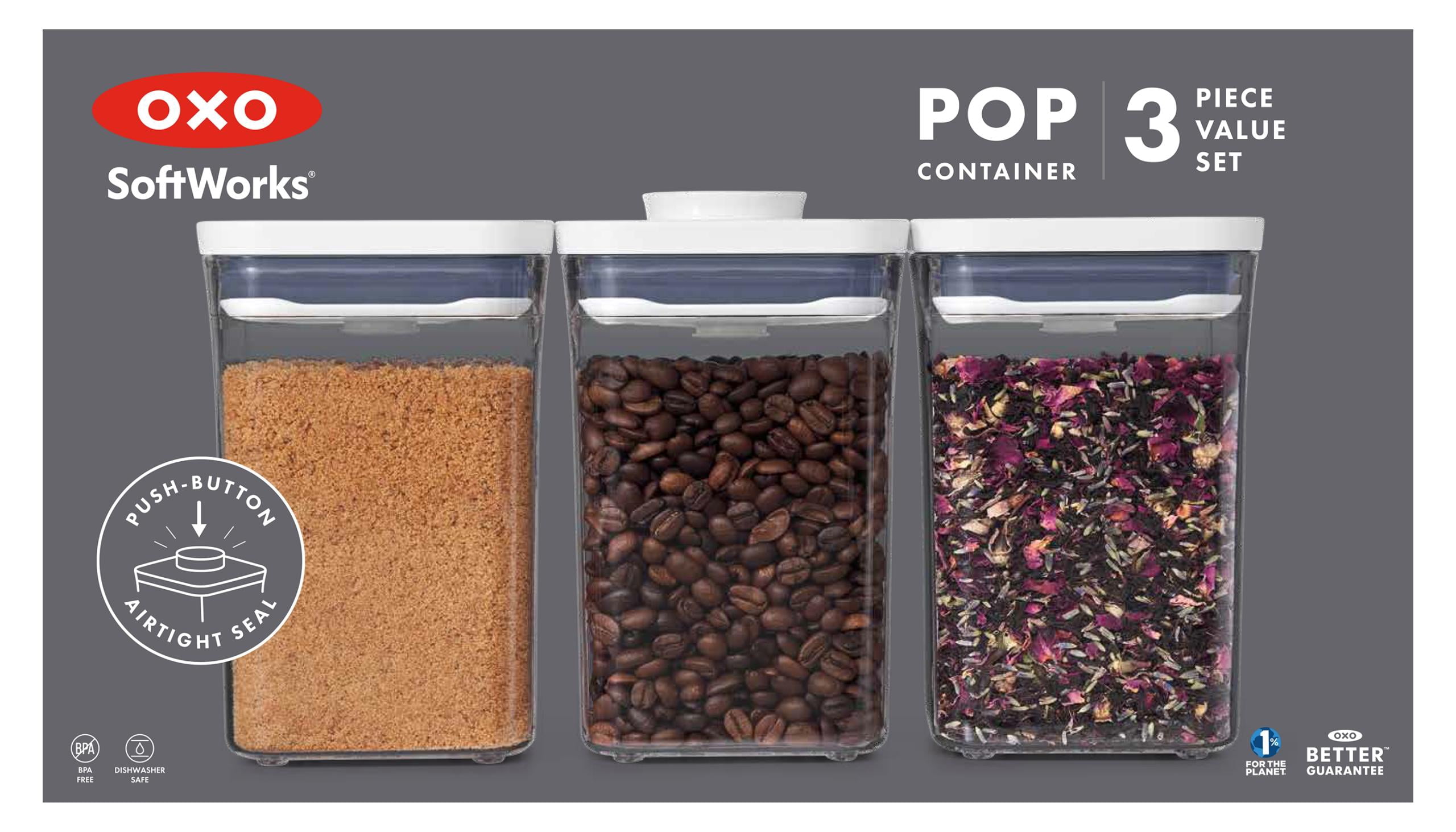 OXO POP Container 1.1-Qt Short Small Square Food Storage Container, 3-Pack, White