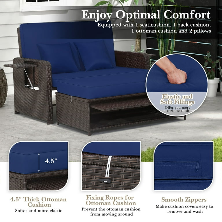 Costway double lying bed chaise lounge chair set garden rattan wicker outdoor love seat sale