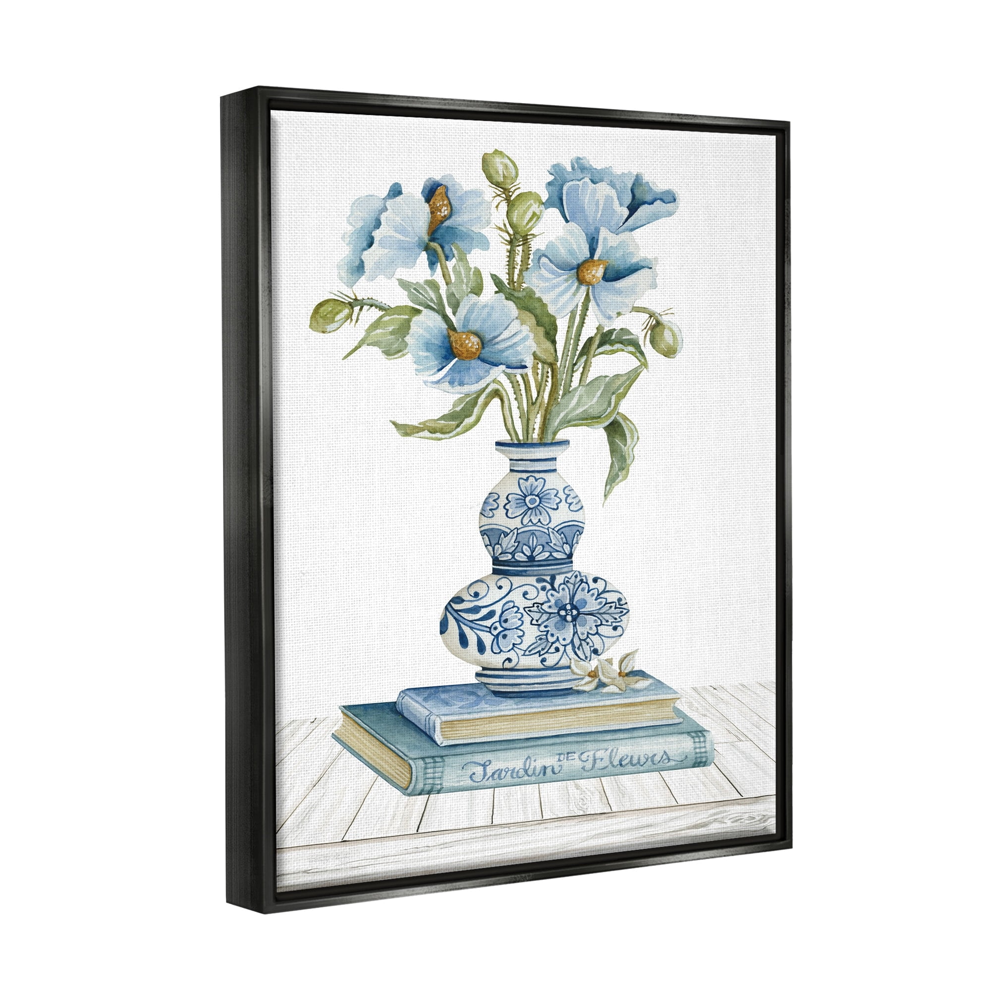 Stupell Industries Blue Flower Arrangement Ornate Pottery Still Life Painting Jet Black Floating Framed Canvas Print Wall Art, Design by Cindy Jacobs