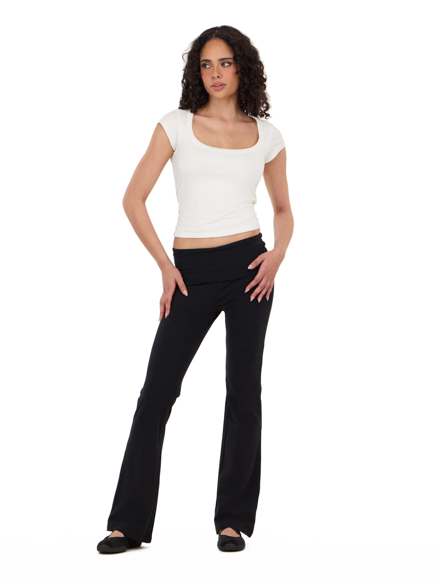 Forever 21 Women's Jersey Fold Over Waist Pants with Graphic Detail, Flare Leg Lounge Pants, Stretch Casual Everyday Comfort Style, Black, XXS-4X