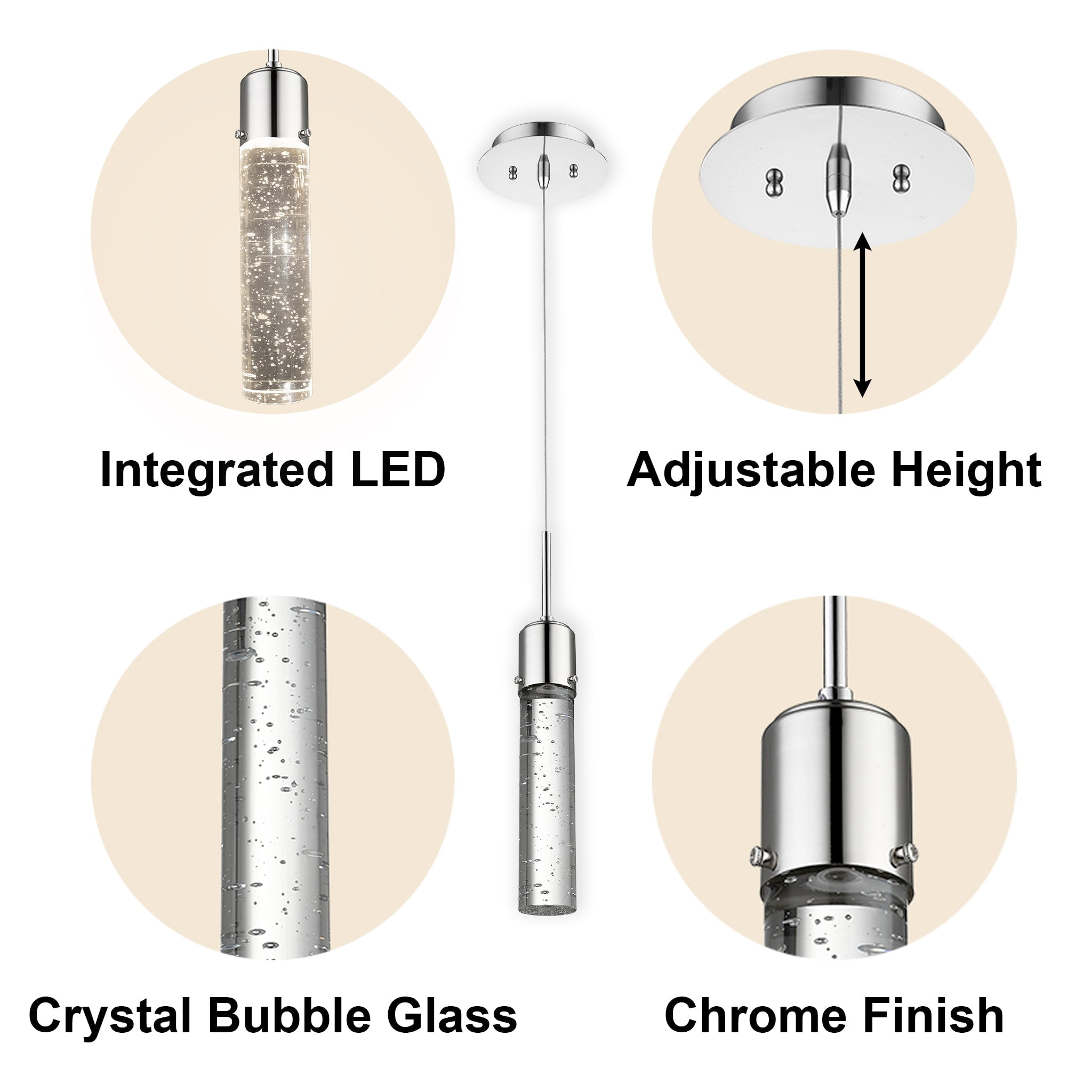 Soffi Chrome Mini Pendant Light, Modern 1-Light Hanging Fixture with Seeded Bubble Glass Cylinder Shade