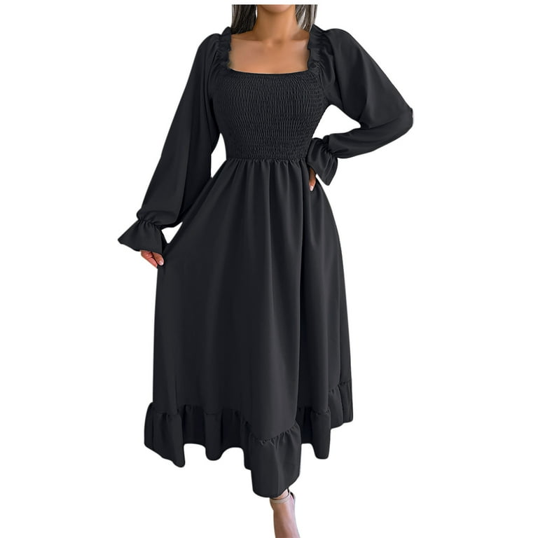 Antinious Women Long Sleeve Solid Color Square Neck Office Style Flared Sleeve Ruffled Wedding Guest Dress Evening Dress,Fall Winter Birthday Dresses Antinious Women Long Sleeve Solid Color Square Neck Office Style Flared Sleeve Ruffled Wedding Guest Dress Evening Dress,Fall Winter Birthday Dresses