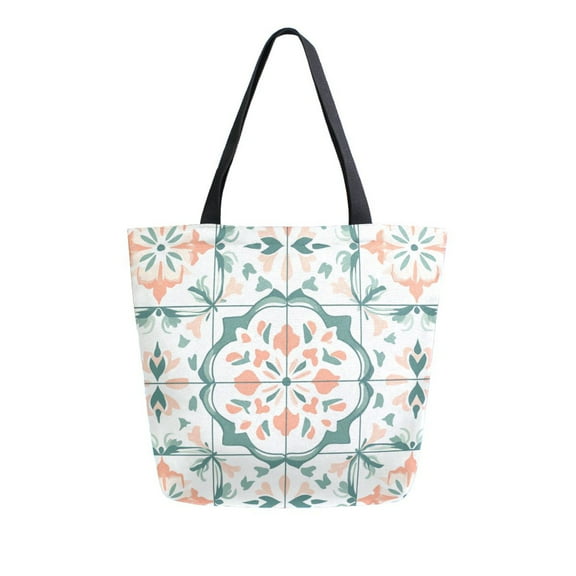 FORMRS Womens Canvas Tote Bag with Zipper Inner Pocket Shoulder Handbag, Green Geometric Pattern