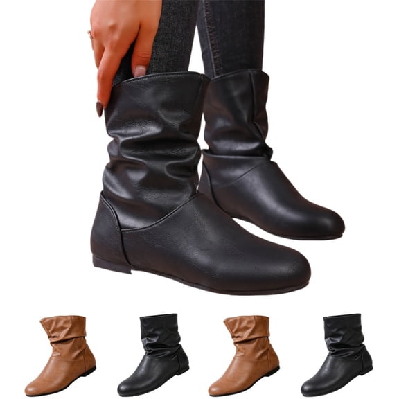 IEMIEMIEM Women's Leather Slouchy Ankle Flat Boots Low Heel Booties with Comfortable Soft Casual Fall Winter Fashion Slip On Short Boots 8 Wide Black