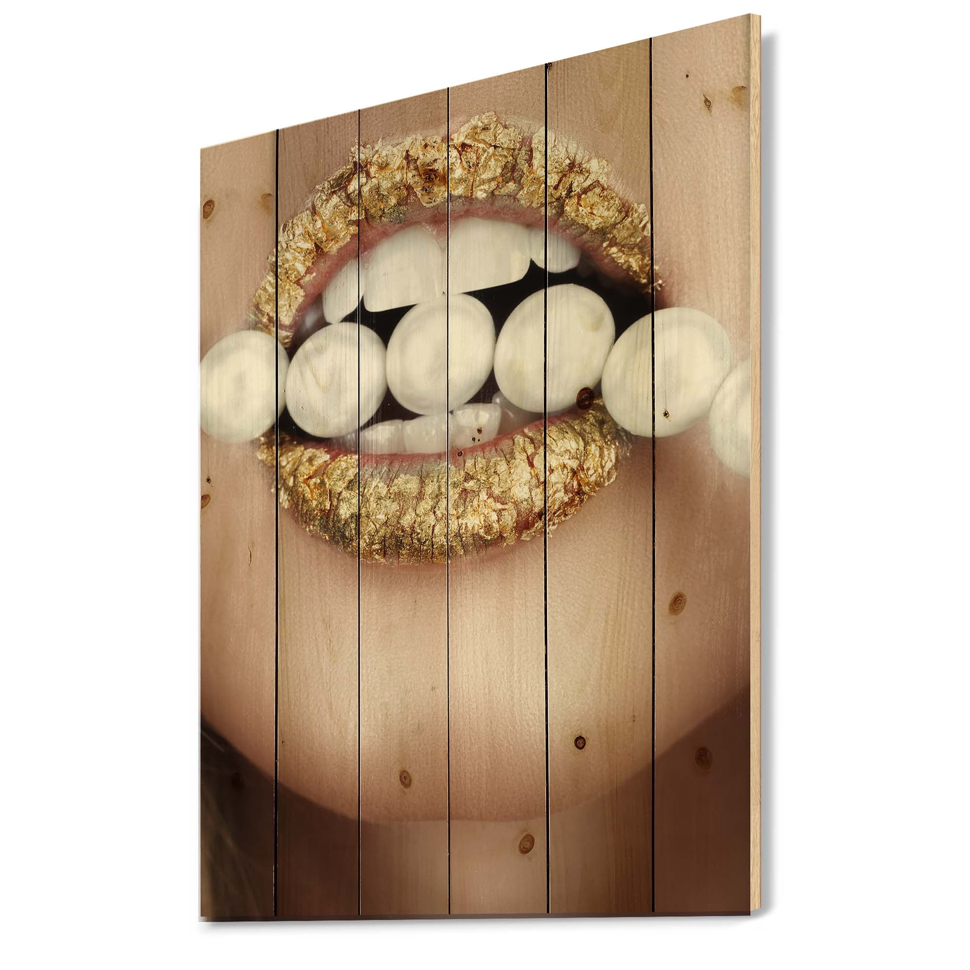 Designart 'Gold Leaf Lips Mouth With Pearls' Modern Print on Natural Pine Wood