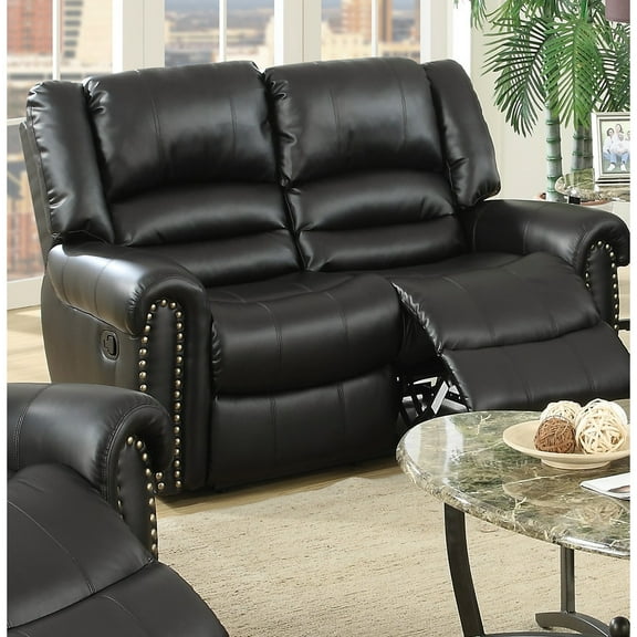 Black Bonded Leather With Back And Manual Reclining For Living Room 2 Metal Mechanism Cushioned