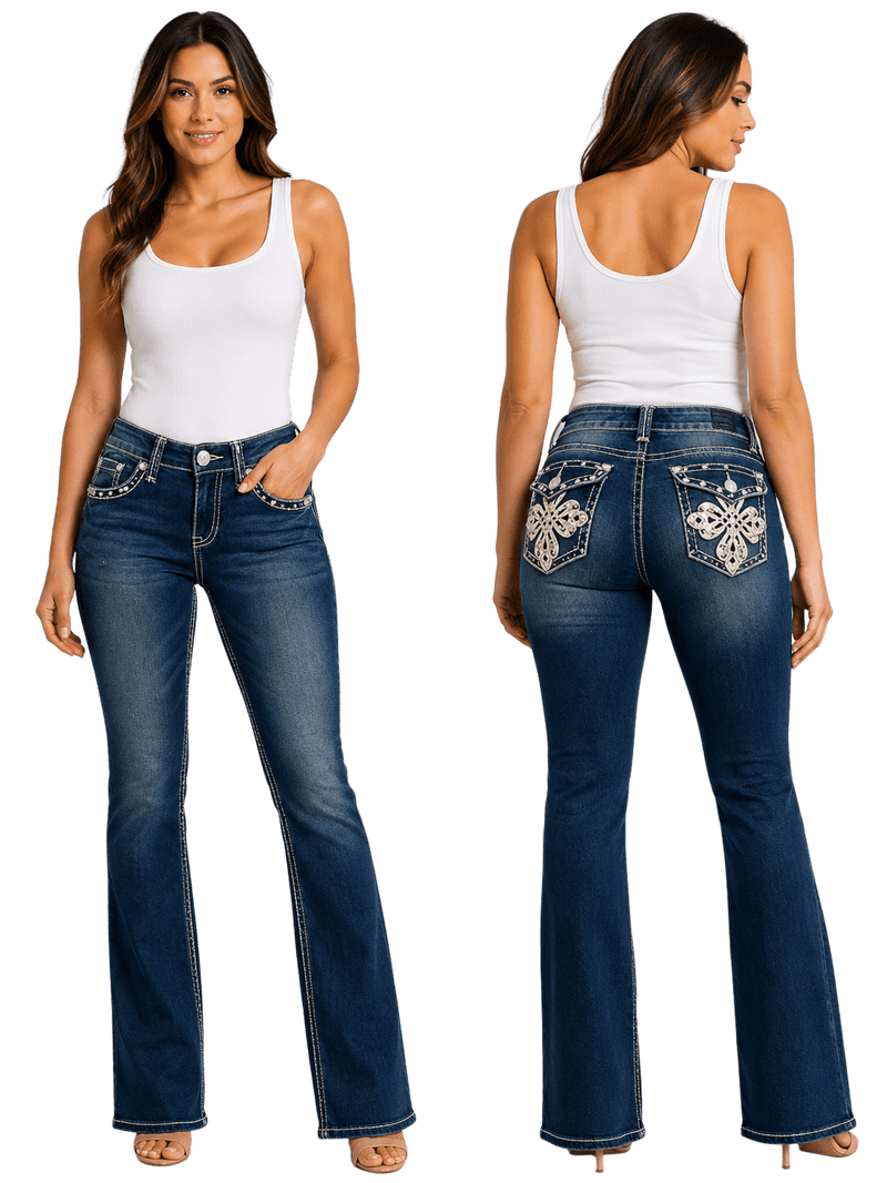 LA Idol Women's Rhinestone Mid Rise Bootcut Jeans, Spandex Cotton