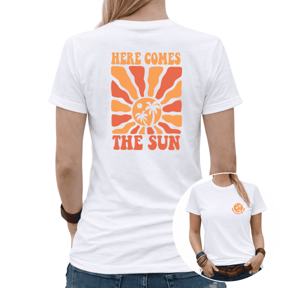 Retro 70s Here Comes The Sun Palm Tree Graphic Tees Womans Oversized Tshirt Tops Black/White S-5XL