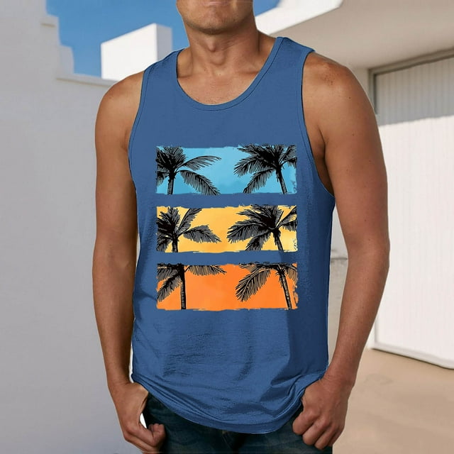 Camiseta sin mangas de cuello redondo para hombre, estampada, informal, deportiva, elástica, de moda, de poliéster.