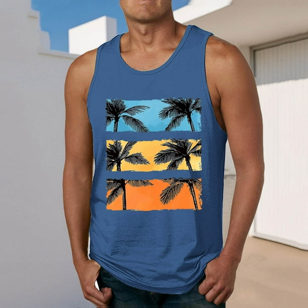 Camiseta sin mangas de cuello redondo para hombre, estampada, informal, deportiva, elástica, de moda, de poliéster.