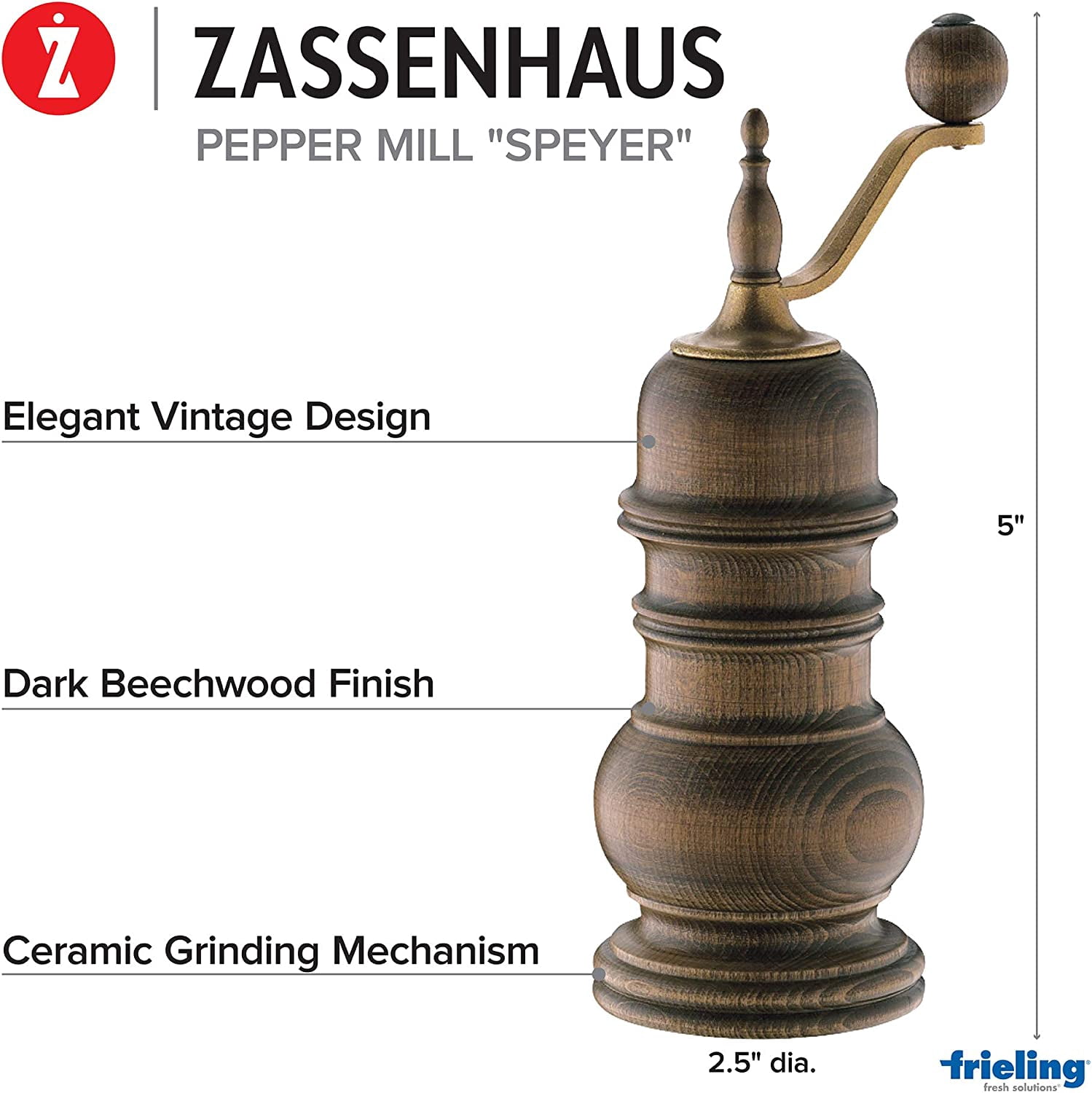 Zassenhaus Speyer Pepper Mill Manual Ceramic Grinder 5.1-Inch Dark Stained Beech