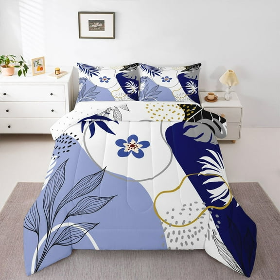 Homewish Teens Blue Flower Leaves 2pcs Bedding Comforter Set,Vintage Aesthetic Twin Comforter Sets,Minimalist Mid Century Breathable Bedding Set,Microfiber Bedroom Decor,Reversible
