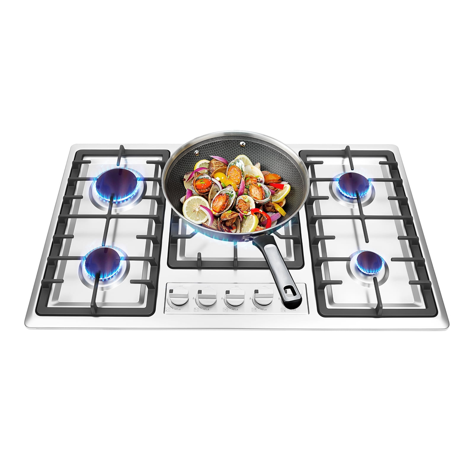 Miumaeov 34” Gas Cooktop Stove w/ 5 Burners, Stainless Steel Stove Top Built-In Gas Propane Cooktop, Flameout Safety Protection Device