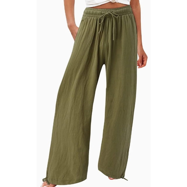 Fashnice Pantalons Palazzo à Cordon pour Femmes, Jambes Larges, Longs, Amples, Vacances, Vert P