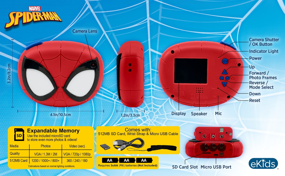 ekids Spiderman Kids Camera with SD Card, Digital Camera for Kids with Video Camera and Built-in Digital Stickers