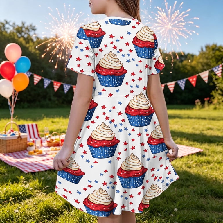 CCRFTGI 250 Anniversary USA Flag Short Sleeve Dresses for Kids Girls Size 7 Basic Summer Swing Dress Funny American Flag Ice cream Dresses Holiday 